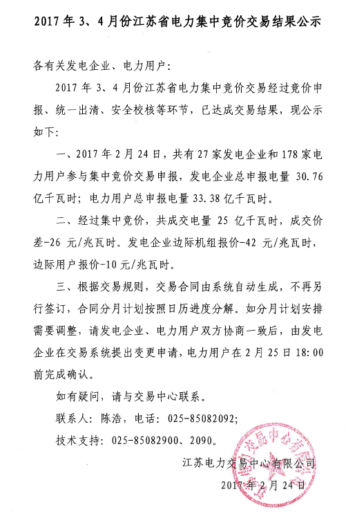 2017年3、4月份江蘇省電力集中競價交易結果公示