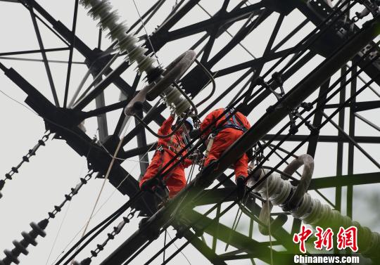 圖為電力工人在70多米高空作業(yè)，為特高壓復(fù)奉線重慶段進(jìn)行八年來(lái)首次大修?！≈芤?攝