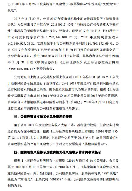 華銳風(fēng)電退市風(fēng)險(xiǎn)警示及實(shí)施其他風(fēng)險(xiǎn)警示撤銷(xiāo)