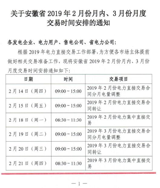  安徽2019年2月份月內(nèi)、3月份月度交易時(shí)間安排